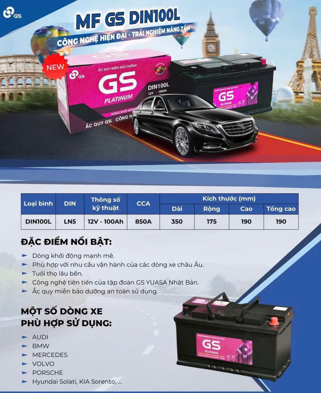 Ắc quy GS MF Din100L 12V-100Ah CCA 850A