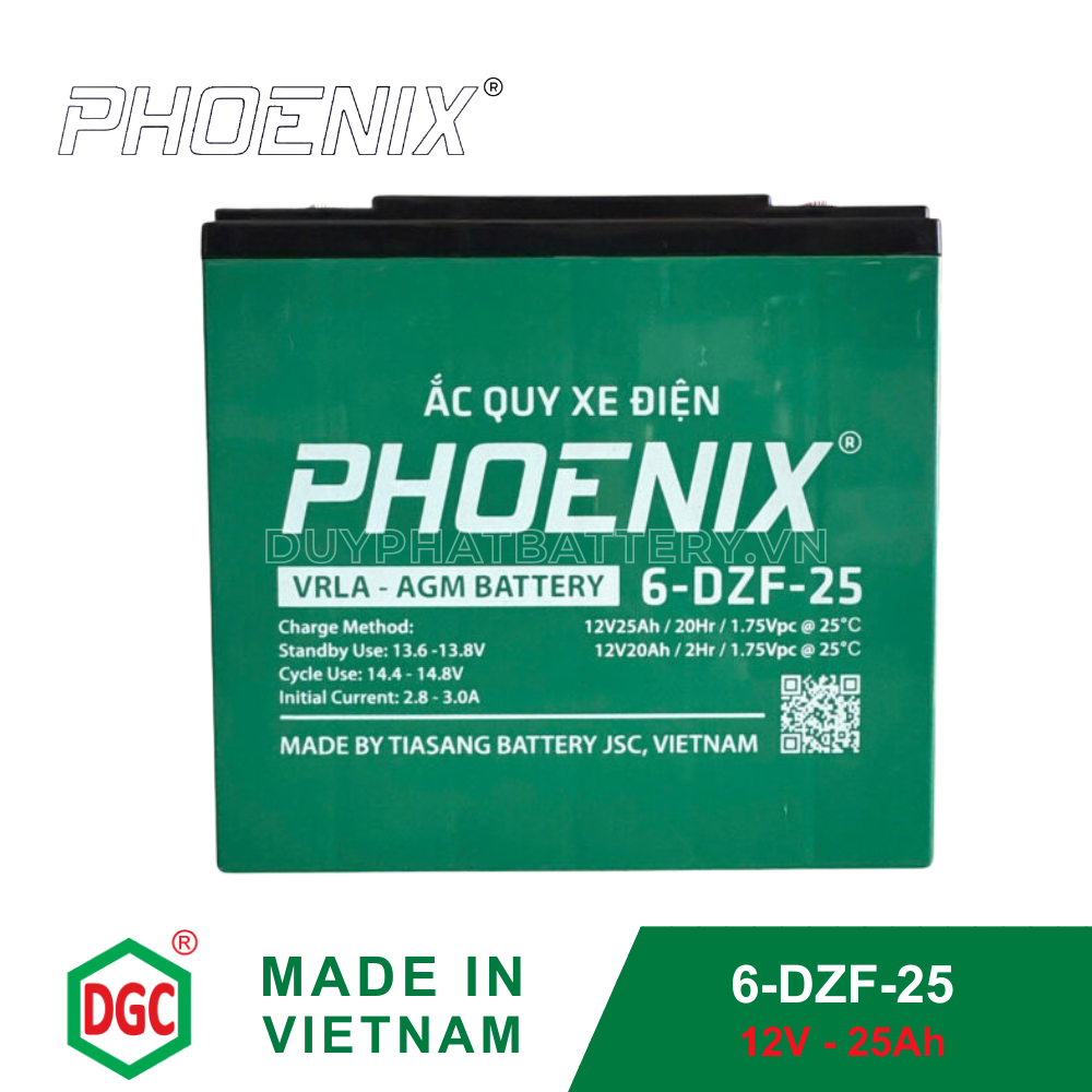 Bình ắc quy Phoenix 6-DZF-25 (12V-25Ah) dùng cho xe máy điện Giant M186